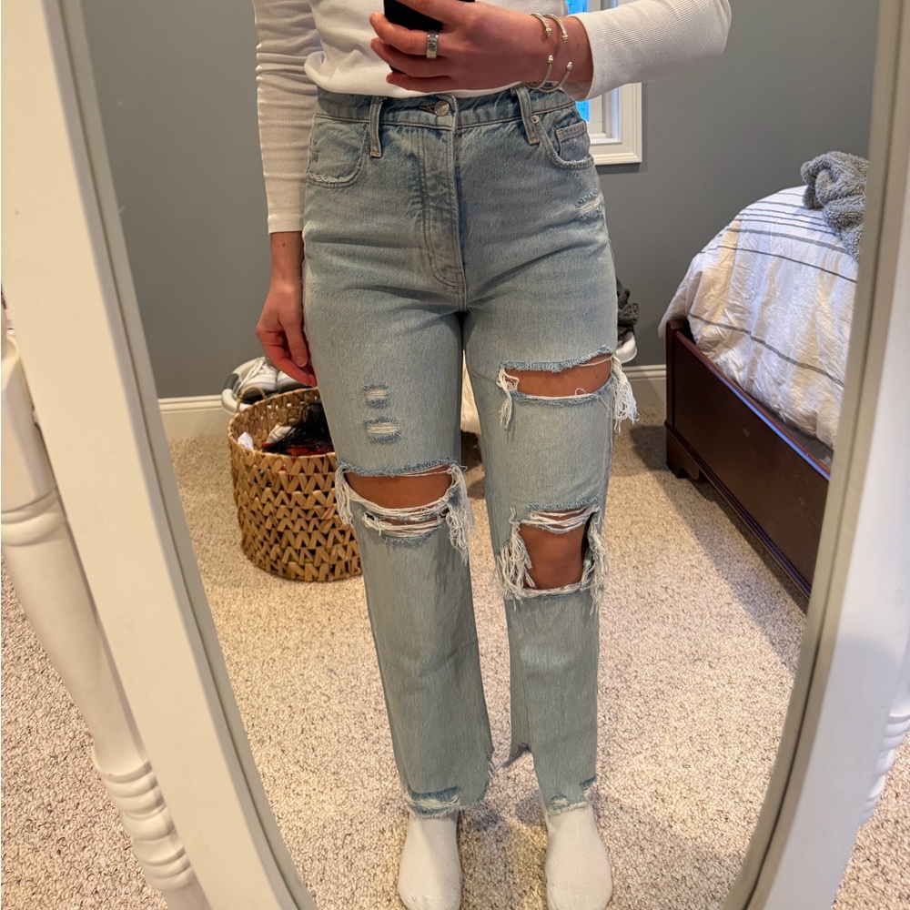 Free People Light Blue Distressed Straight Leg Jeans
